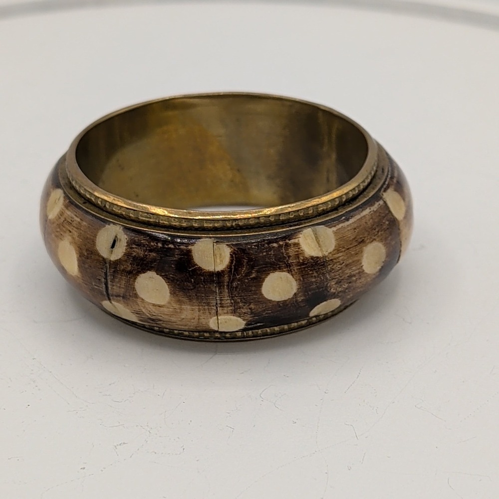Chunky Boho Polka Dot Inlay Brass Wood Bone‎ Band Ring Spring Tribal